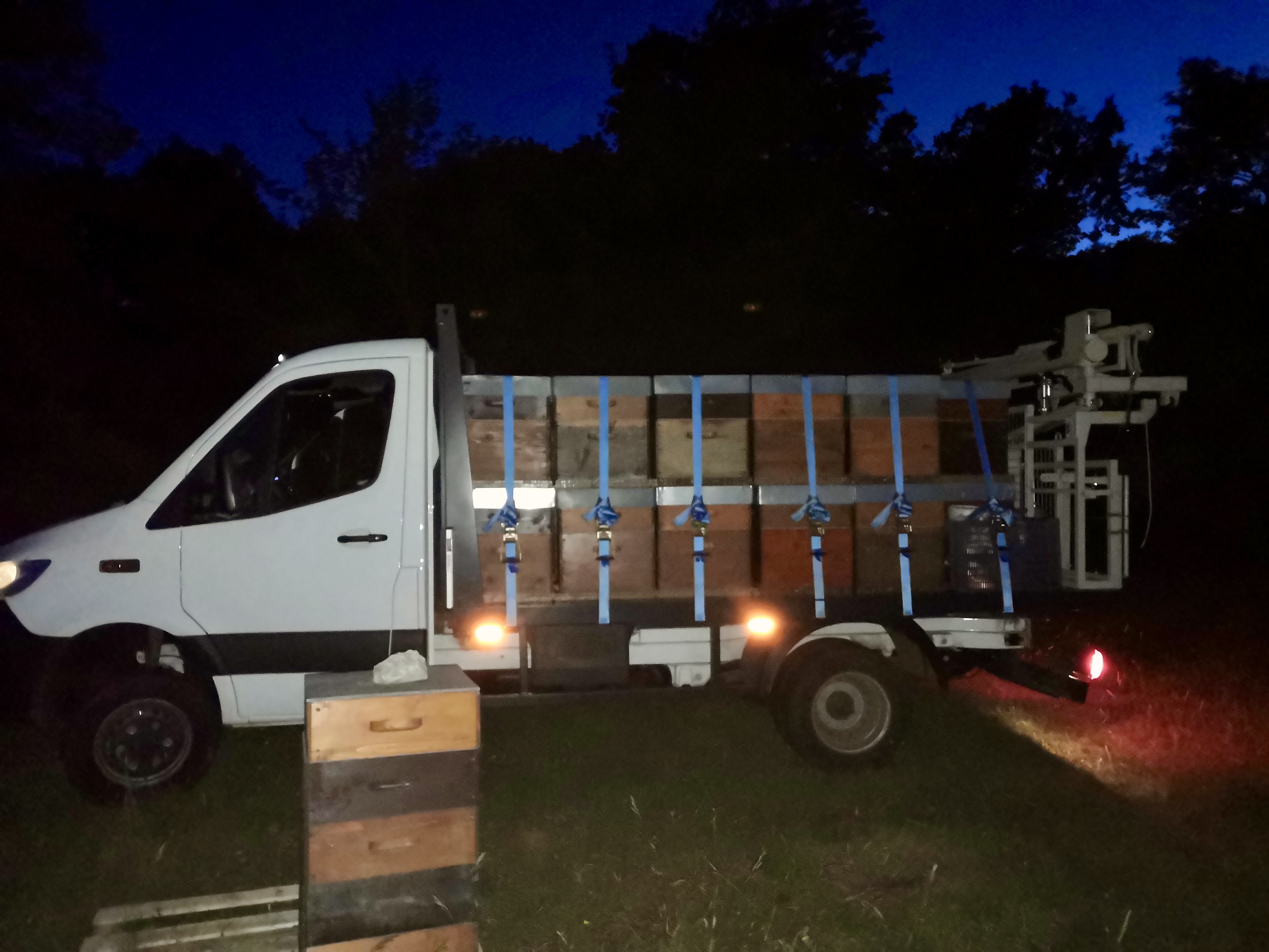 la transhumance des abeilles sur un camion à la tombée de la nuit
